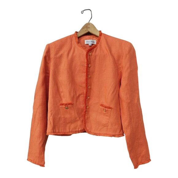 Enrico Baldini Linen Fringe Open Front Blazer Jacket Orange Size 10 Career - Picture 1 of 8